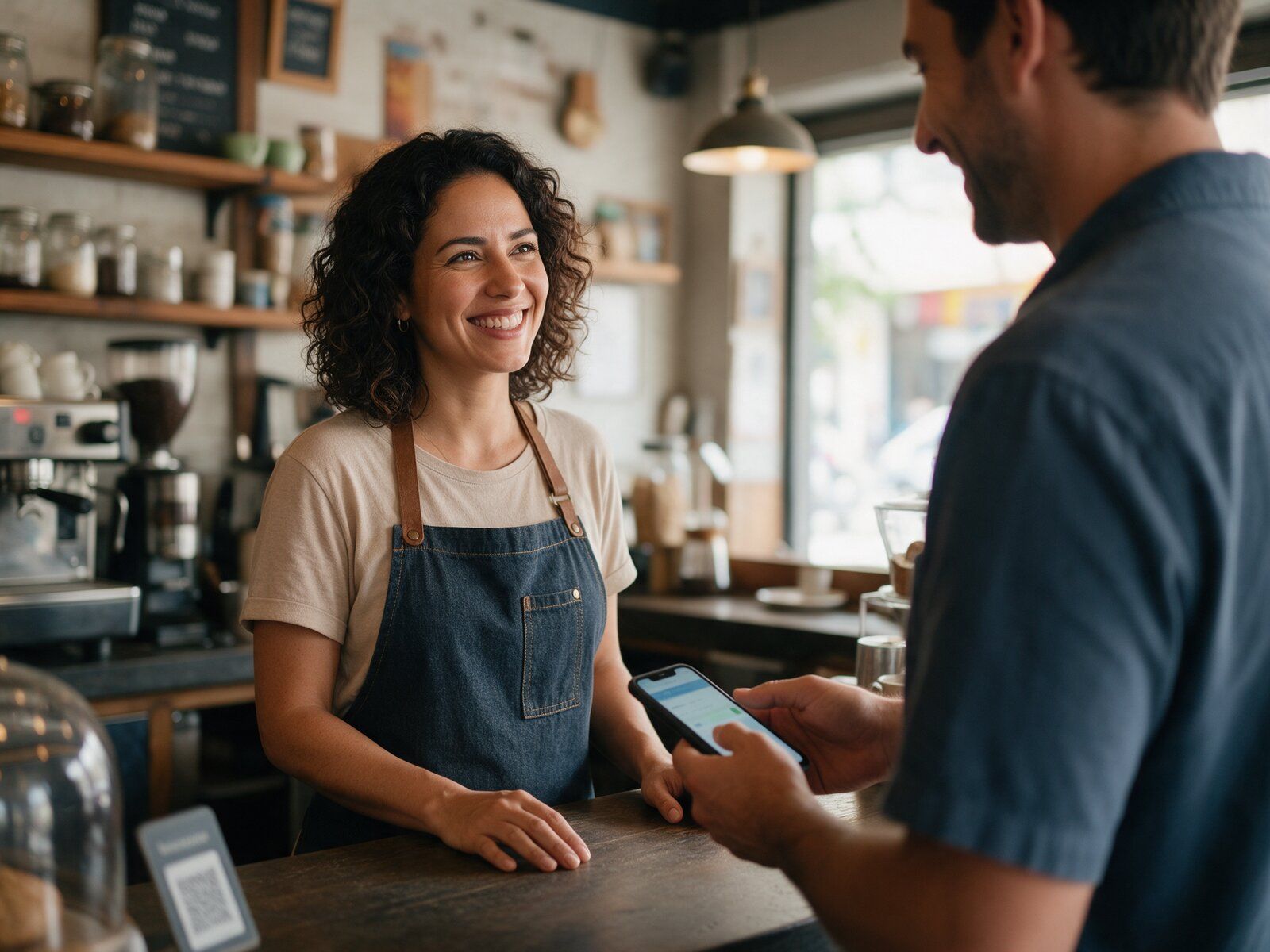 Comerciante sonriente atendiendo a un cliente que paga con su teléfono en una cafetería