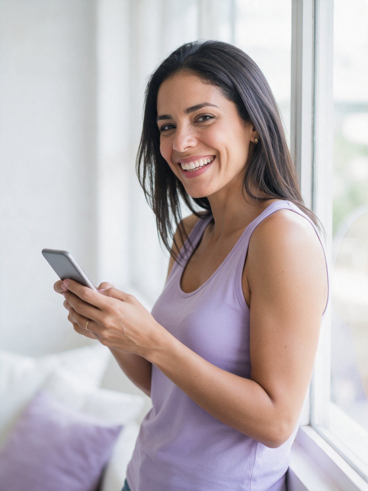 Mujer sonriendo con su teléfono junto a una ventana