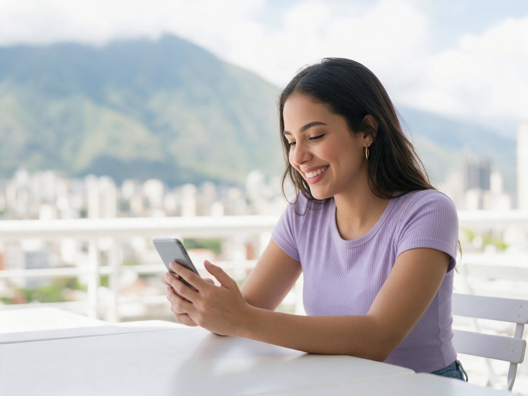 Mujer joven sonriendo mientras usa su teléfono en una terraza con vista a Caracas y el Ávila