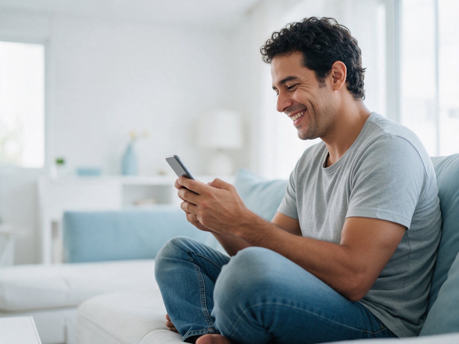 Hombre sonriendo mientras usa su teléfono sentado en un sofá