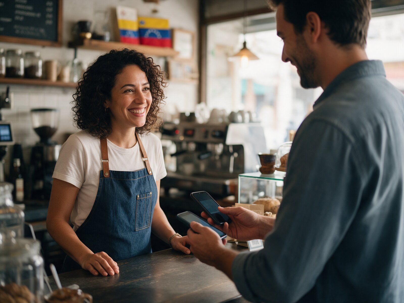 Comerciante sonriente atendiendo a un cliente que paga con su teléfono en una cafetería