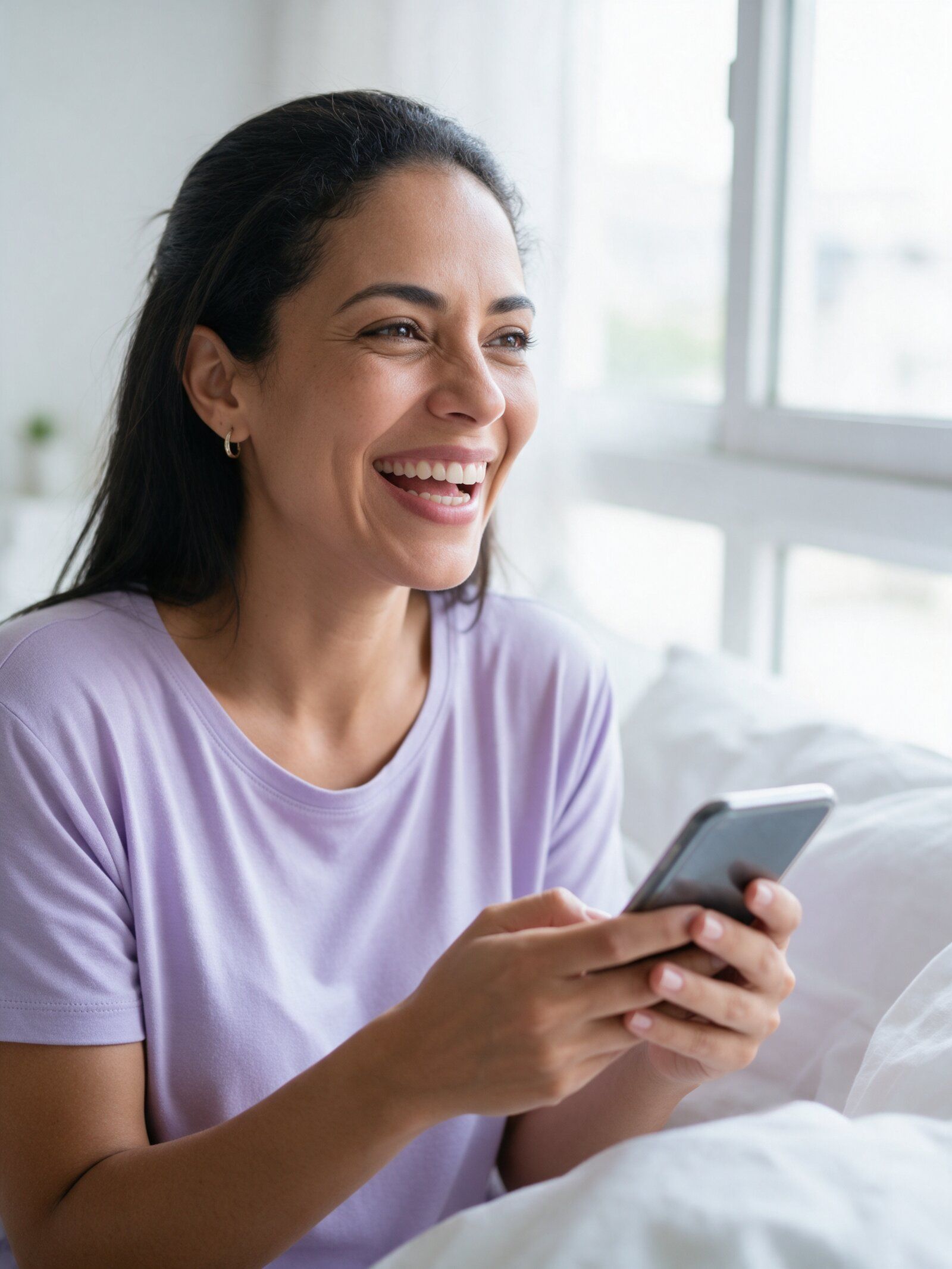 Mujer sonriendo con su teléfono junto a una ventana luminosa